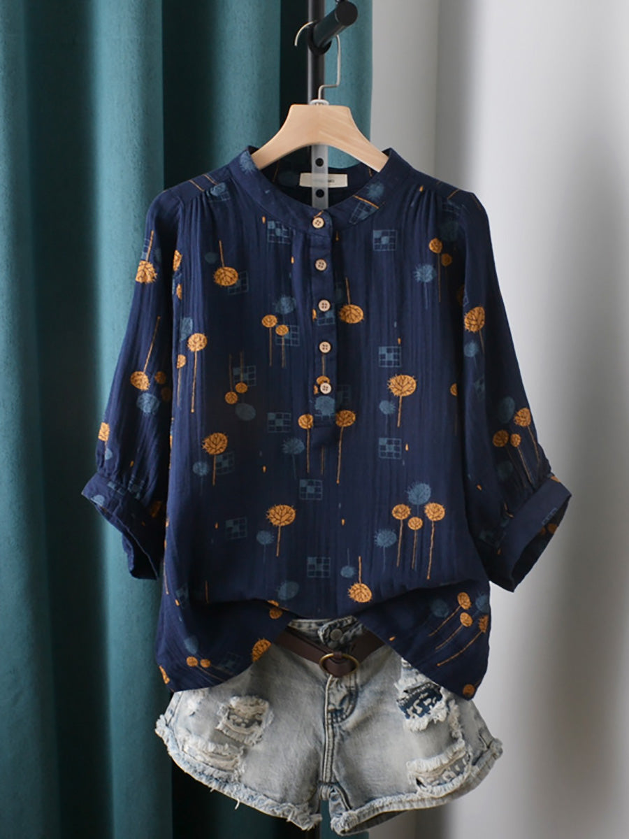 Women Summer Casual Print Stand Collar Cotton Shirt