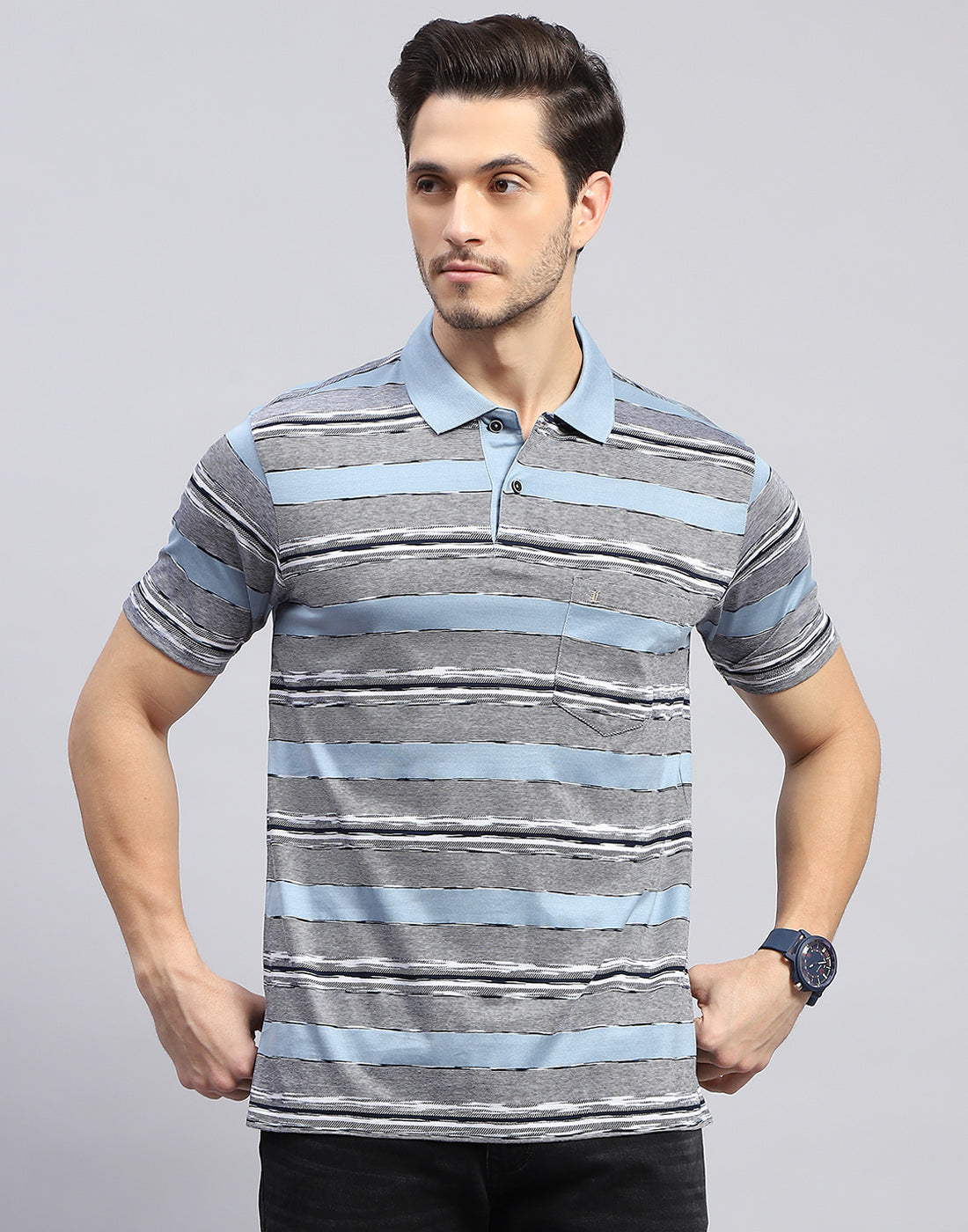 Men Sky Blue Stripe Polo Collar Half Sleeve T-Shirt