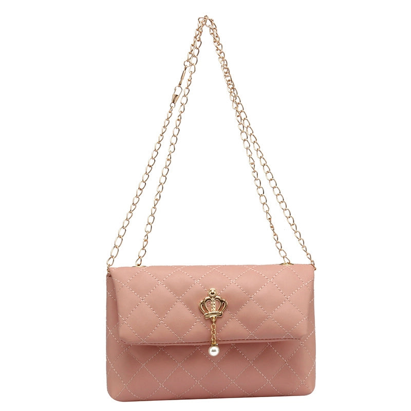 Small Pu Leather Pure Color Pearl Diamond Chain Bag Hander Bag