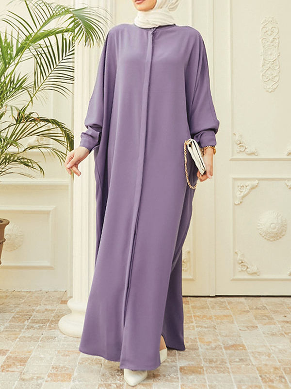 Batwing Sleeves Loose Buttoned Muslim Solid Color Split-Side Round-Neck Maxi Dresses