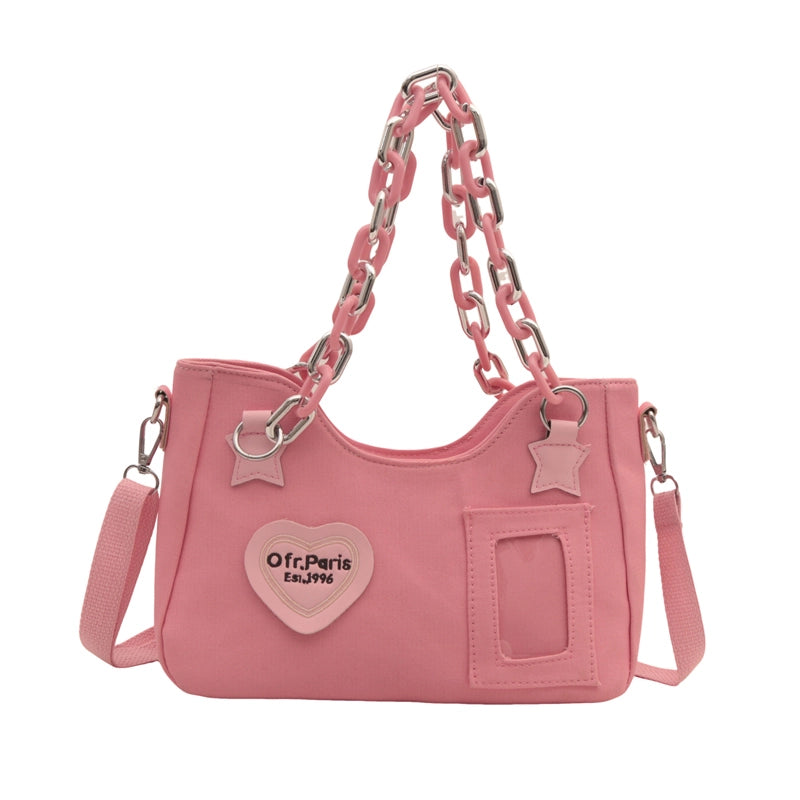 3 Pieces Women'S Canvas Letter Color Block Heart Shape Streetwear Chain Square Zipper Shoulder Bag Crossbody Bag