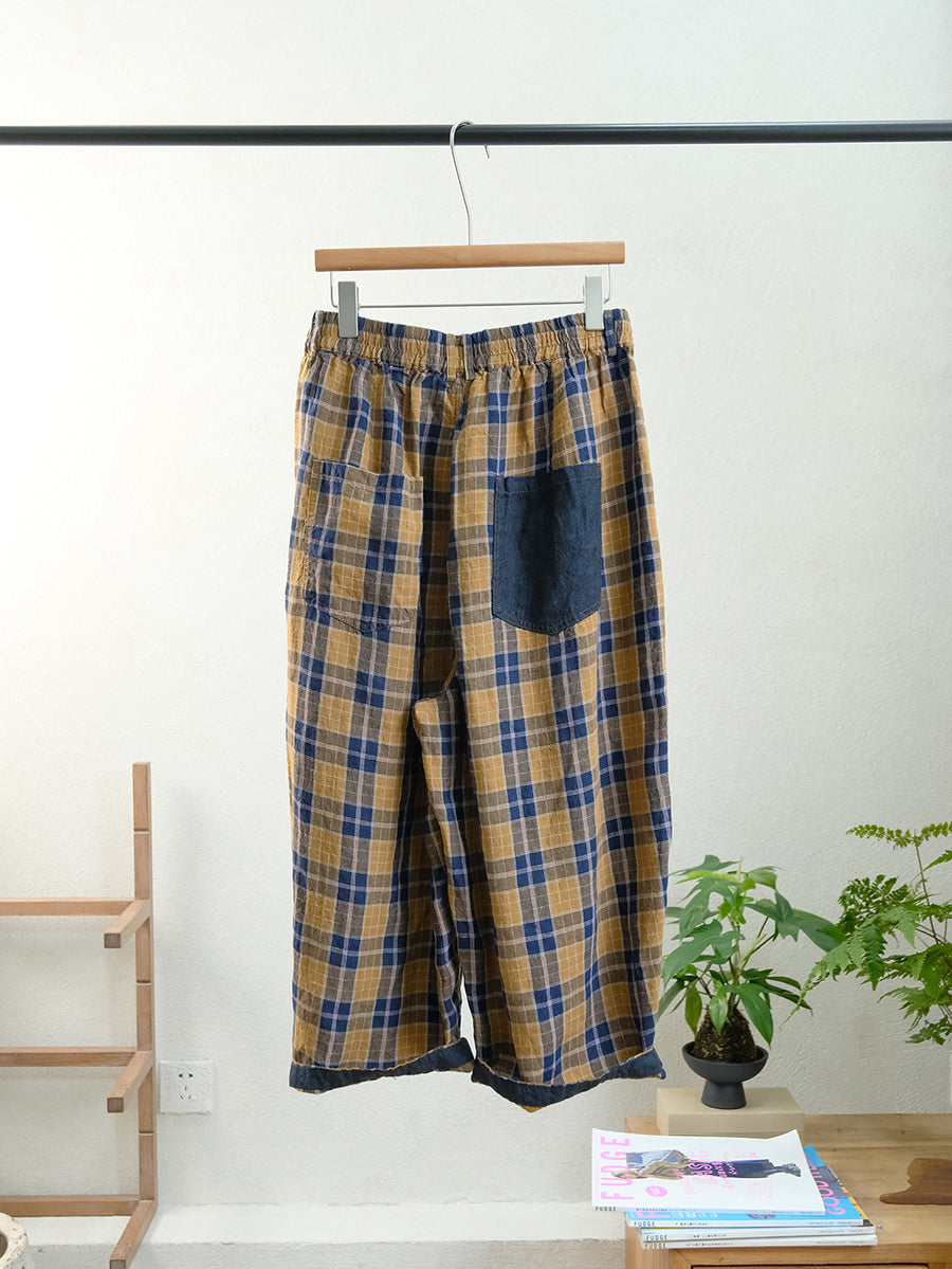 Women Summer Vintage Plaid Linen Wide-leg Pants