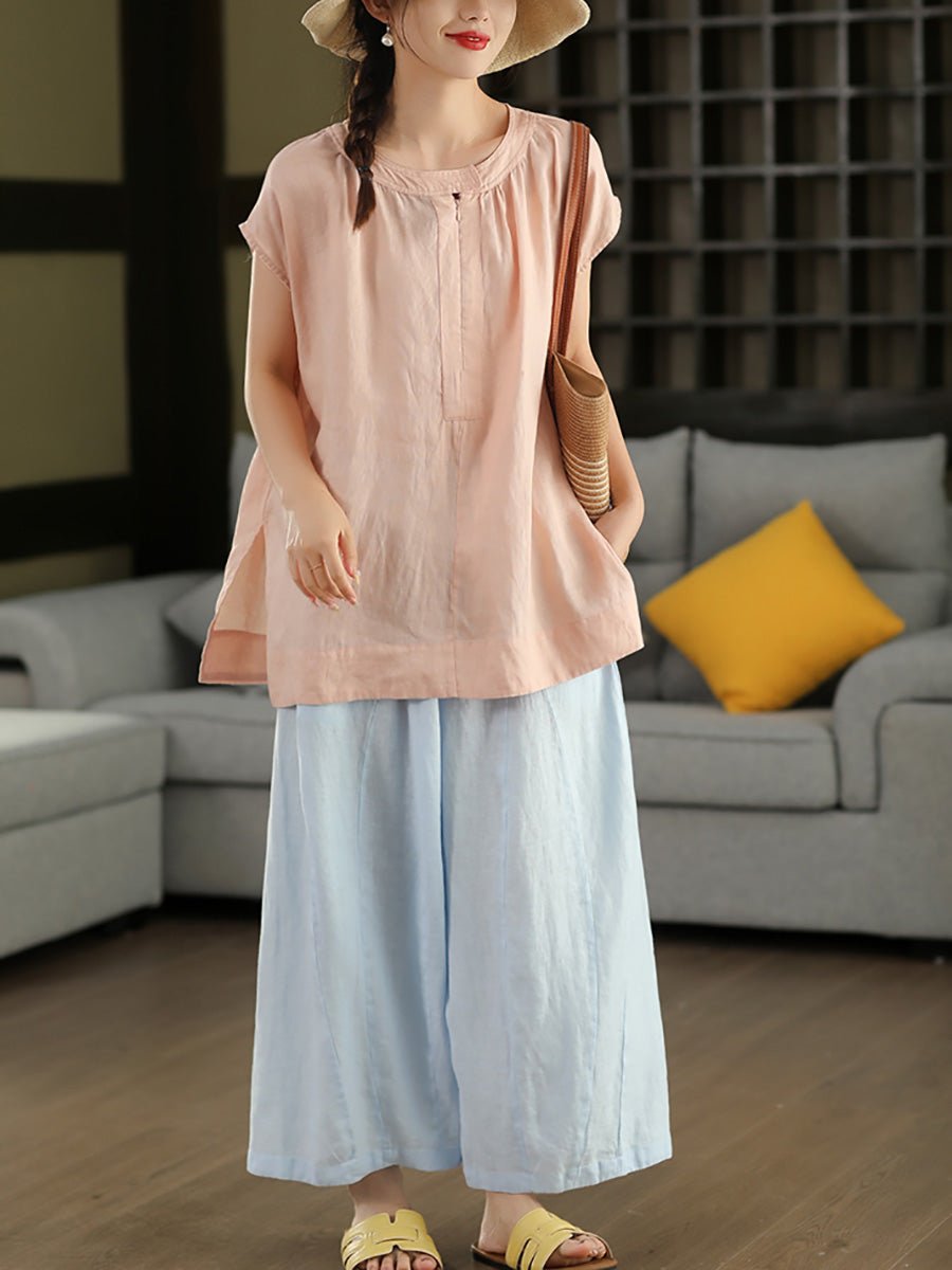 Women Summer Vintage Pure Color O-neck 100%Linen Shirt