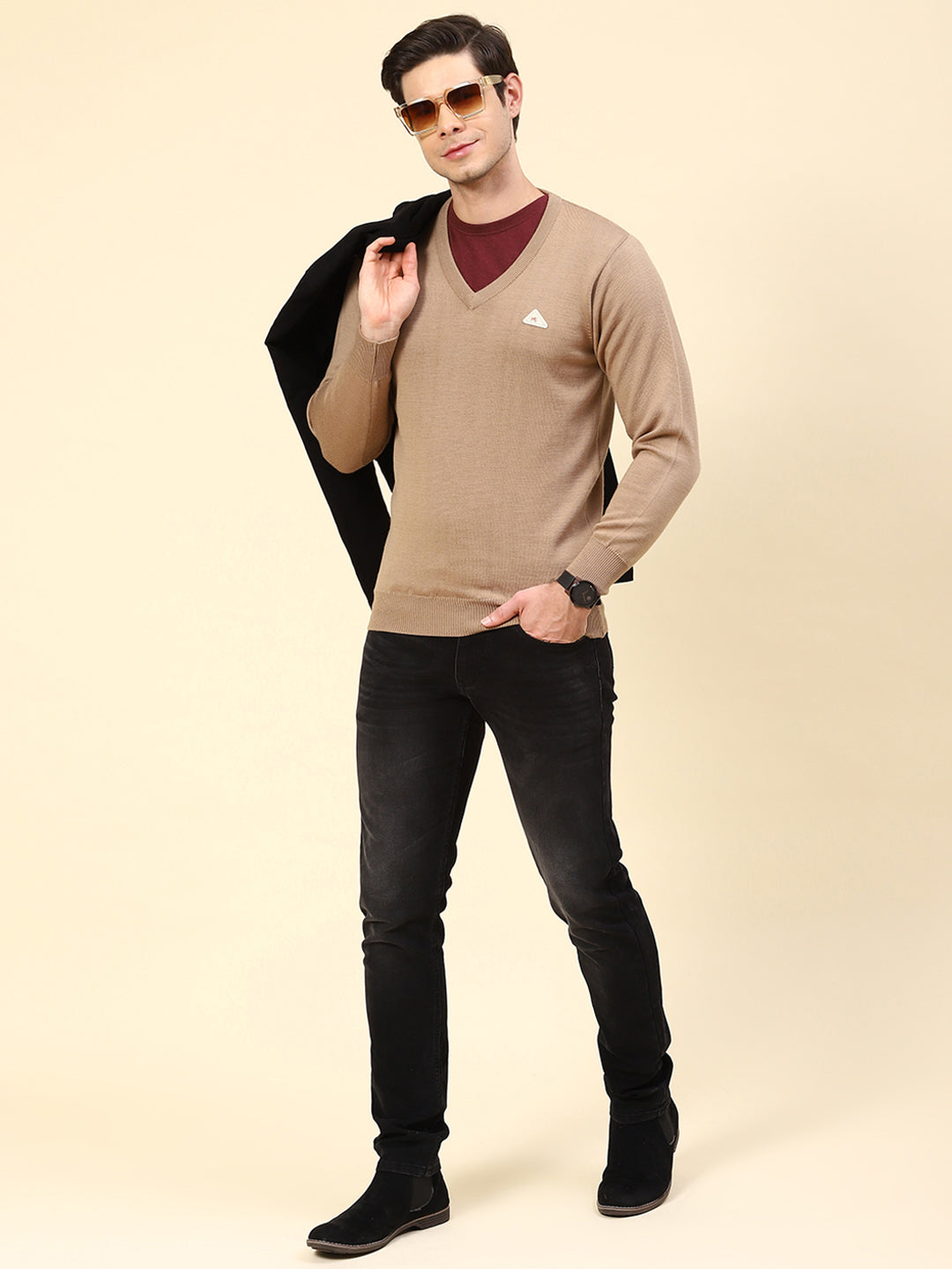 Men Khaki Solid V Neck Full Sleeve Pullover