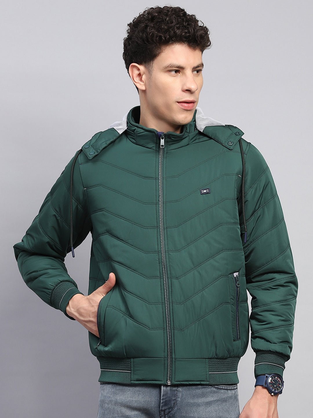 Men Green Solid Detachable Hood Full Sleeve Jacket