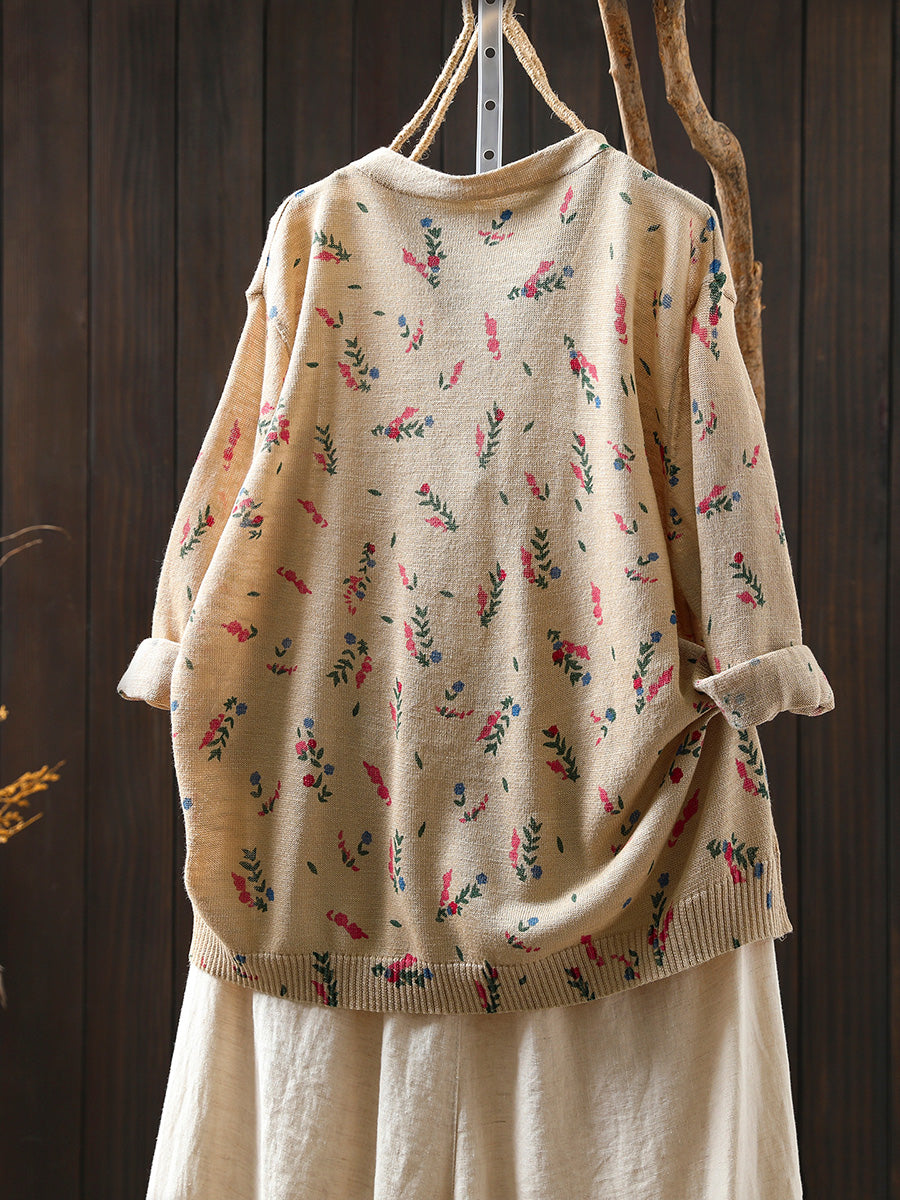 Women Summer Artsy Floral Knitted V-Neck Cotton Shirt