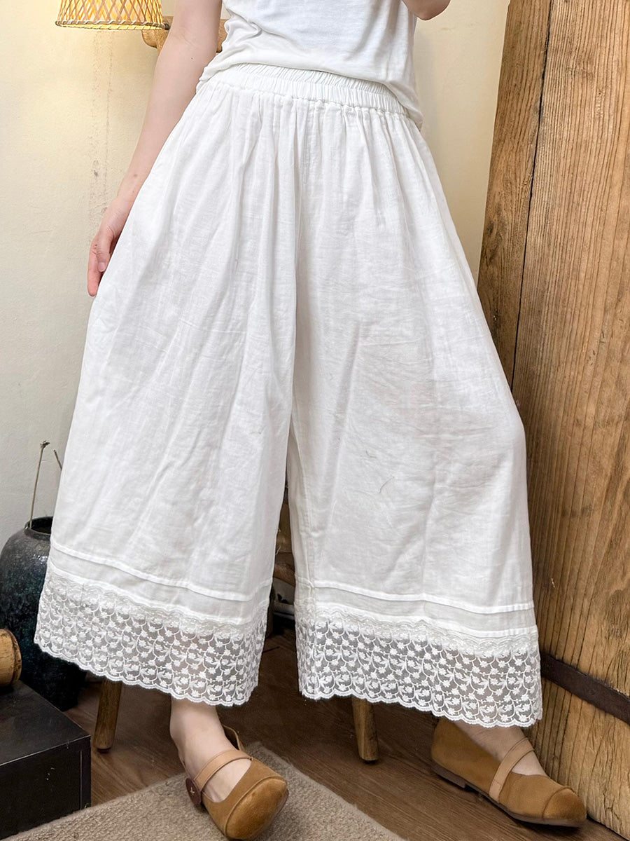 Women Summer Artsy Lace Hem Cotton Wide-leg Pants