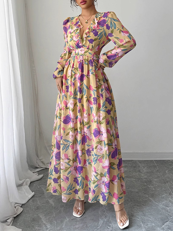 A-Line Long Sleeves Contrast Color Elasticity Flower Print Pleated Ruffle Trim V-Neck Maxi Dresses