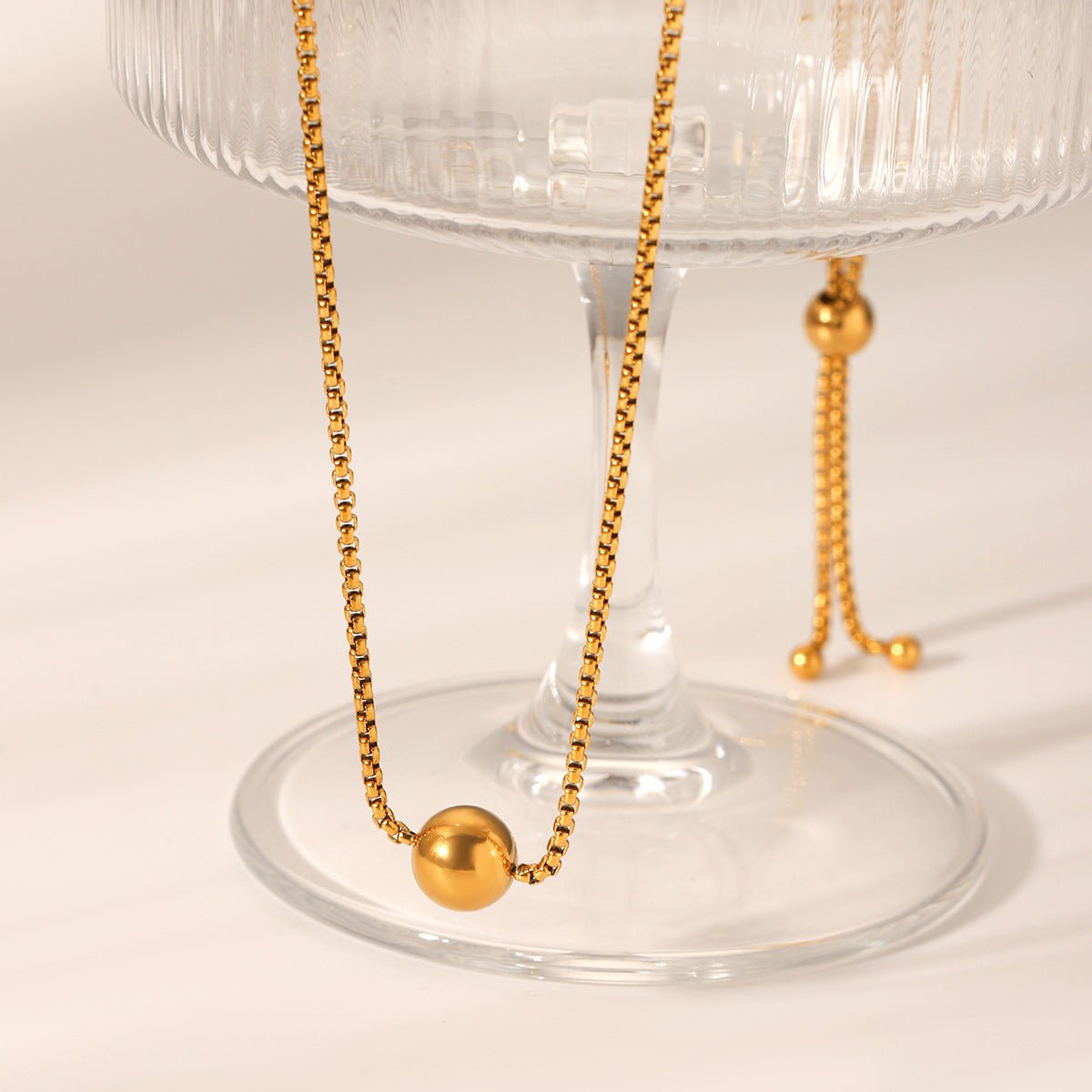 18K Gold Stainless Steel Box Chain Steel Bead Pendant Necklace Ins Style Niche Design Pull-Out Clavicle Chain