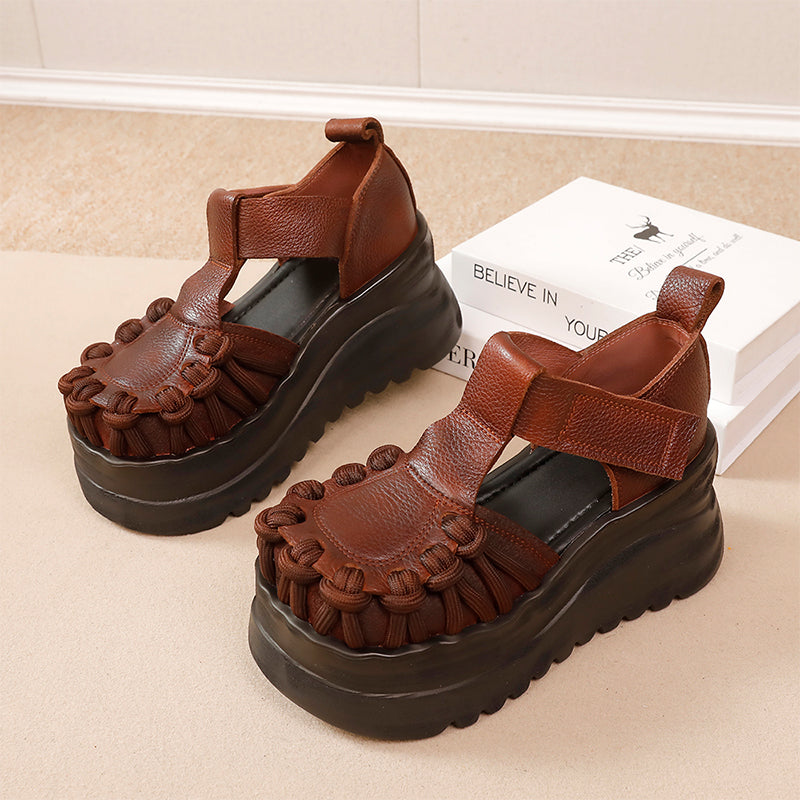 80mm Heel Fashion Chunky Platform T-Strap Cow Leather Sandals in Black/Brown