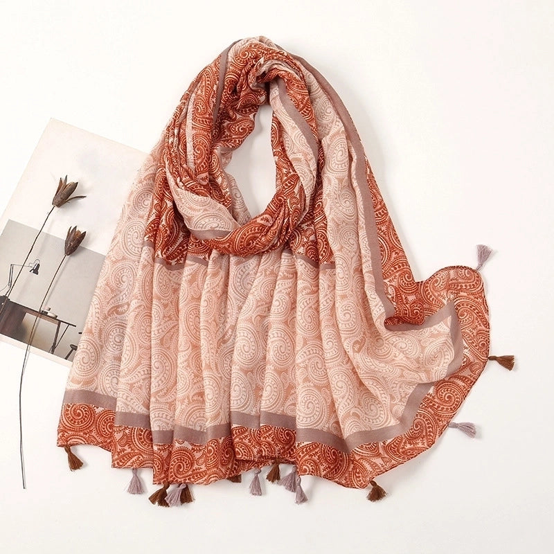 Women'S Sweet Flower Cotton And Linen Tassel Scarf