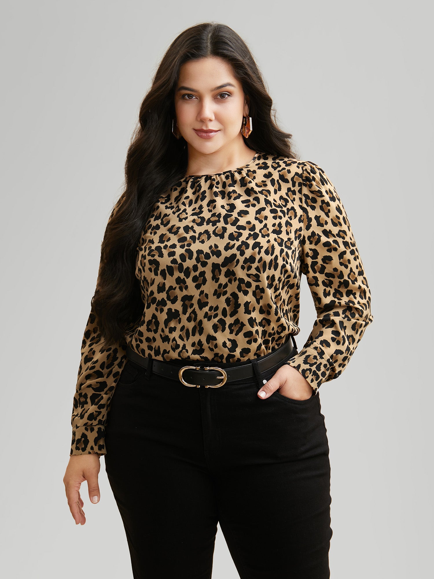 Leopard Print Mock Neck Gathered Blouse