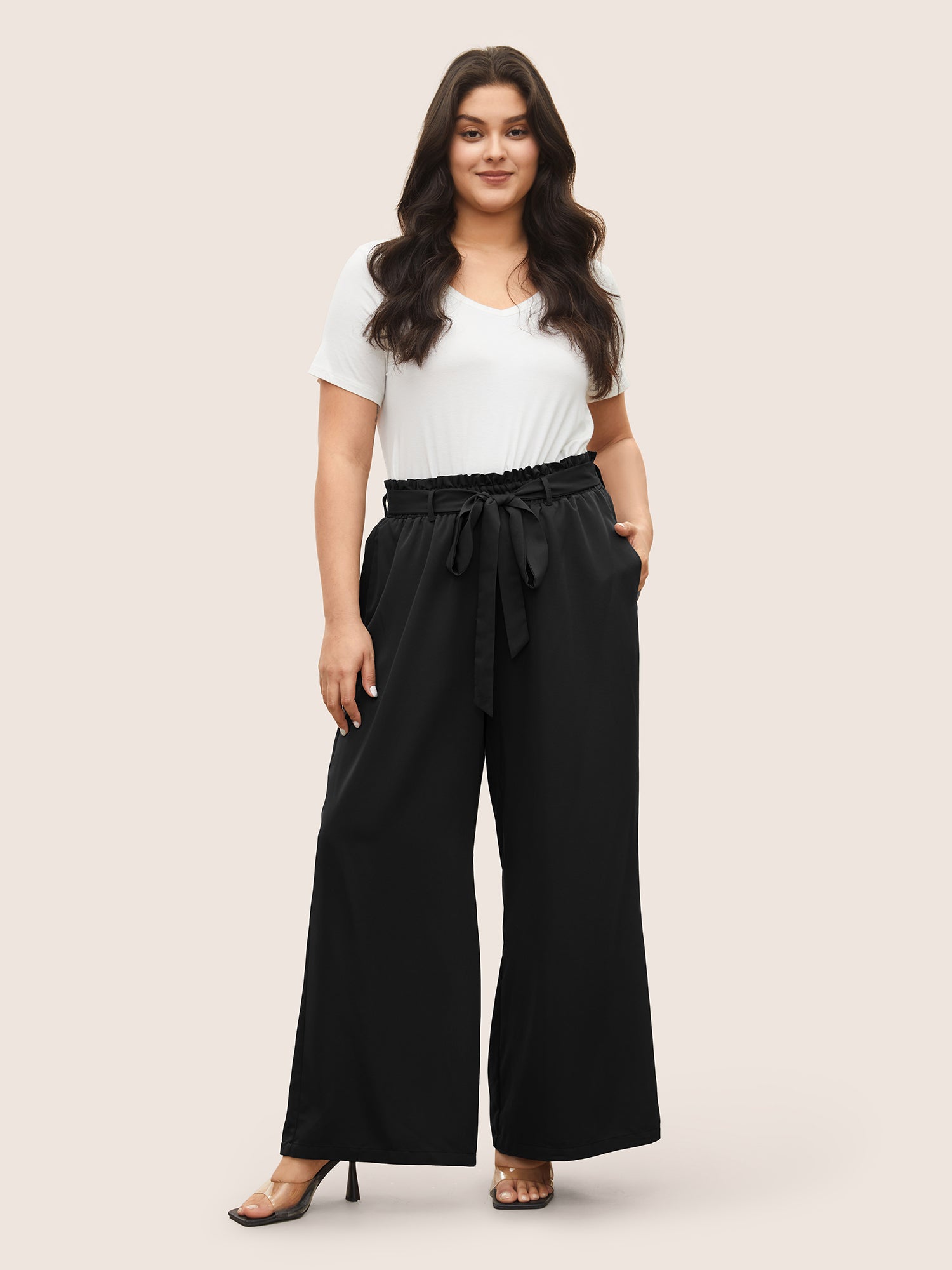 Plain Paperbag Waist Belted Wide Leg Pants