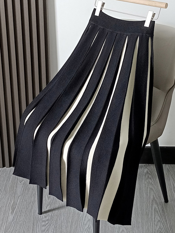 A-Line Loose Contrast Color Pleated Skirts Bottoms