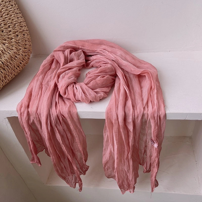 Pleated Retro Silk Scarf Women's Spring And Autumn Artistic Nostalgic Tie-Dye Scarf High-grade Solid Color Decorative Casual Scarf