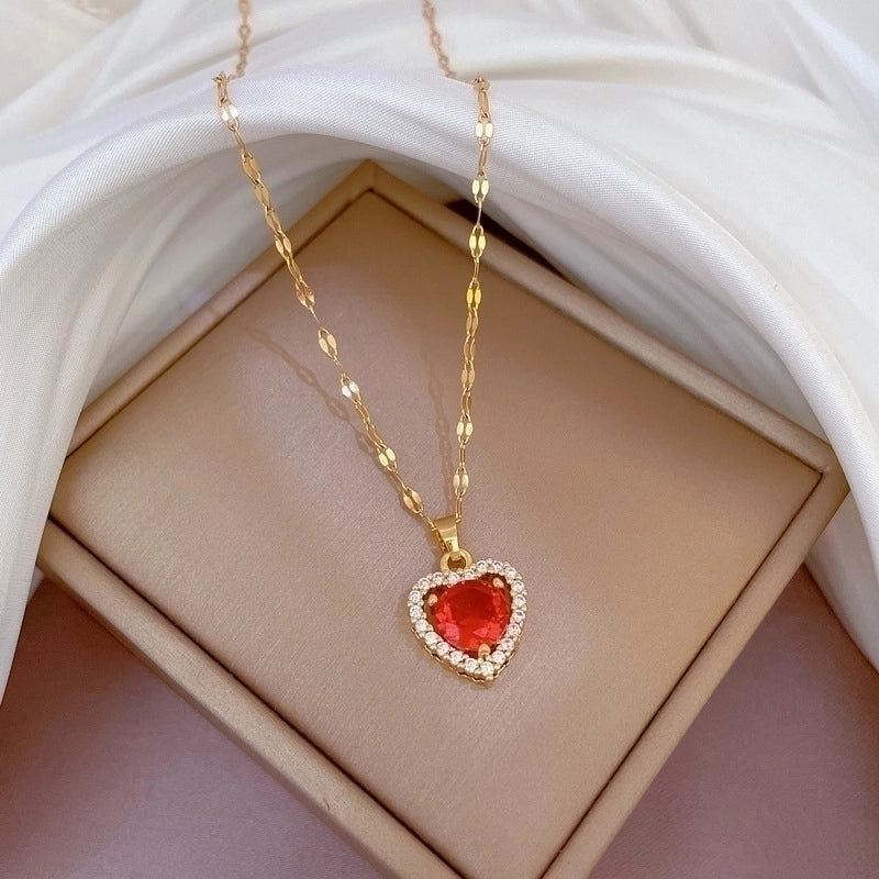 2 Pieces Minimalist Classic Style Geometric Heart Shape Titanium Steel Copper Zircon Pendant Necklace In Bulk
