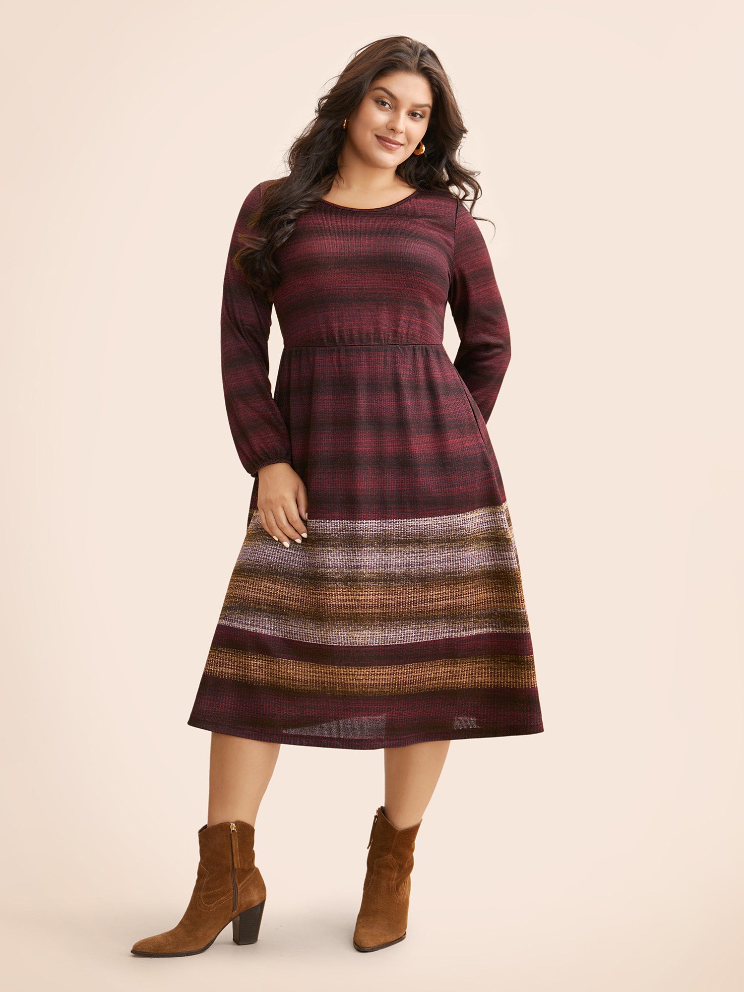 Ombre Contrast Lantern Sleeve Midi Dress