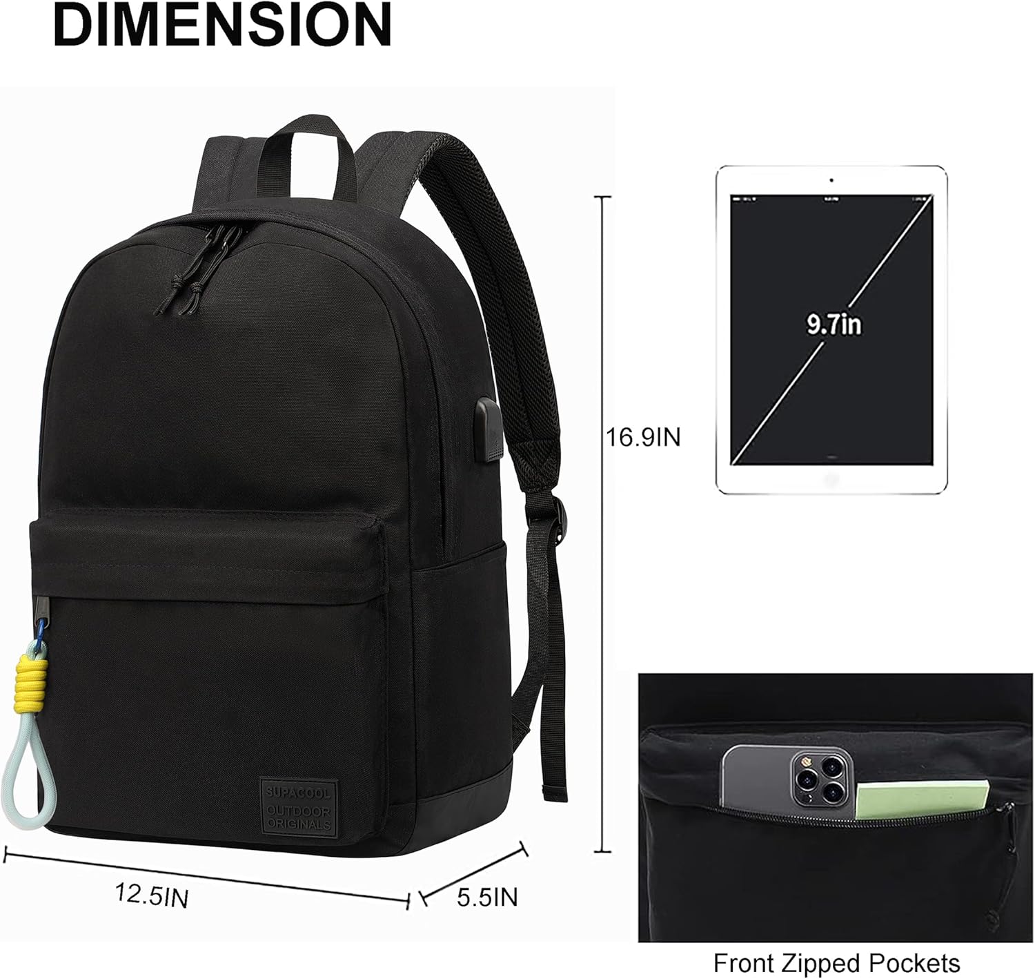 SUPACOOL Casual Laptop Backpack for Men and Women, School Backpack for Boys and Girls, College Bookbag, USB Charging Port, Lightweight Back Pack(Black)