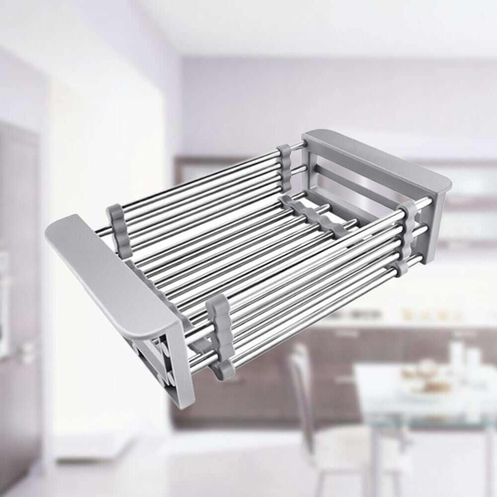 Stainless Steel Kitchen Sink Dish Drainer Counter Dish Drying Rack Collapsible Over The Sink