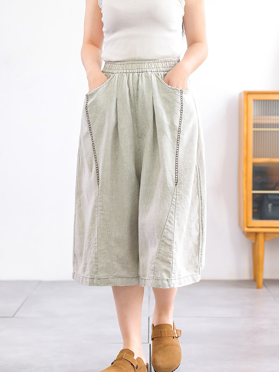 Women Casual Pure Color 100%Linen Wide-leg Cropped Pants