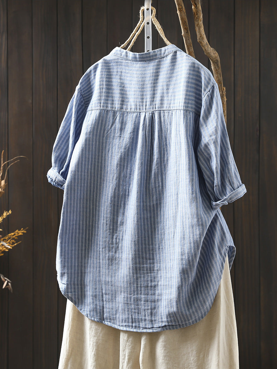 Women Summer Casual Stripe V-Neck 100%Cotton Shirt