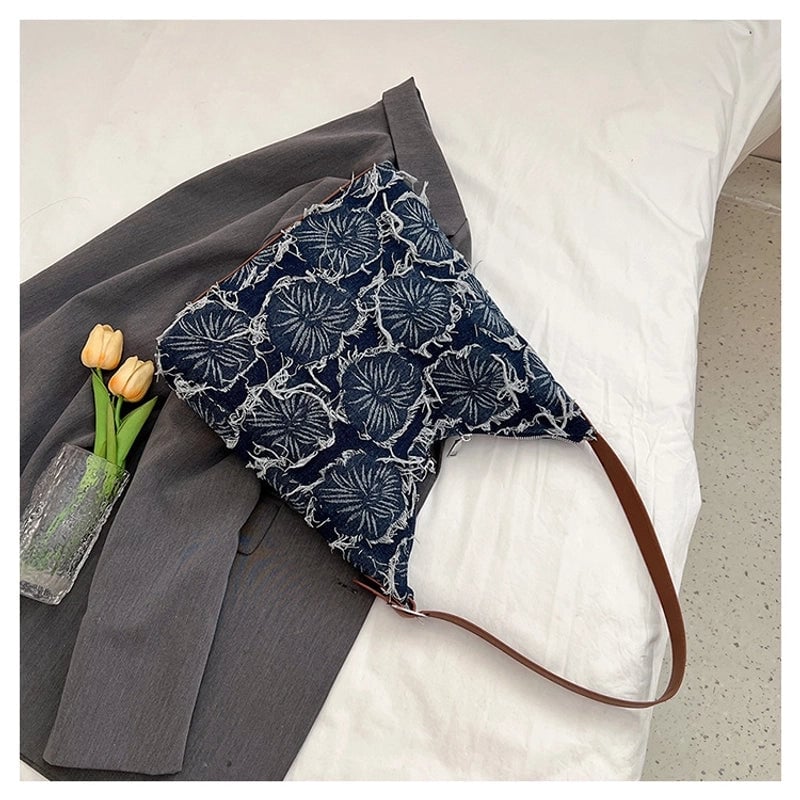 Women's Large Denim Flower Basic Square Zipper Shoulder Bag