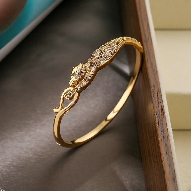 2 Pieces Hip-hop Leopard Copper 18k Gold Plated Pearl Zircon Bangle In Bulk