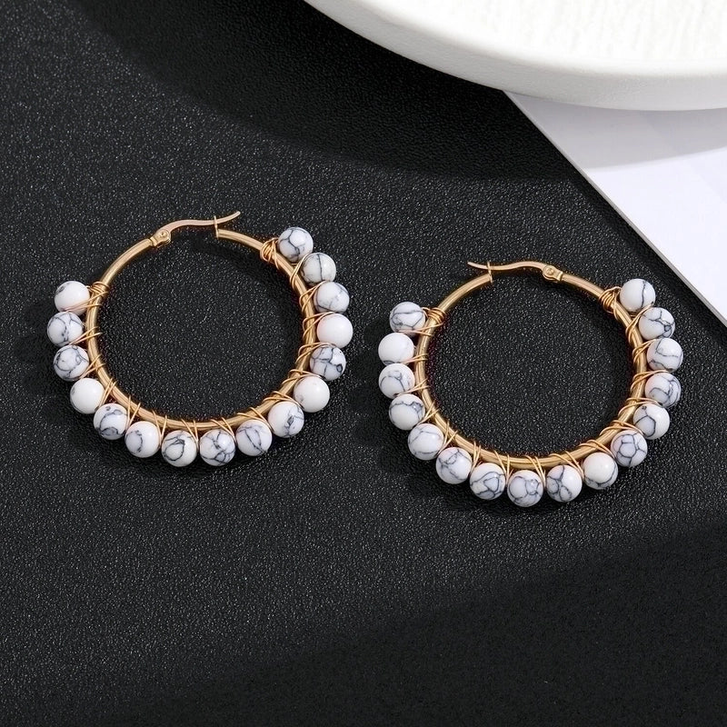 2 Pieces Retro Geometric Handmade Stainless Steel Natural Stone Earrings