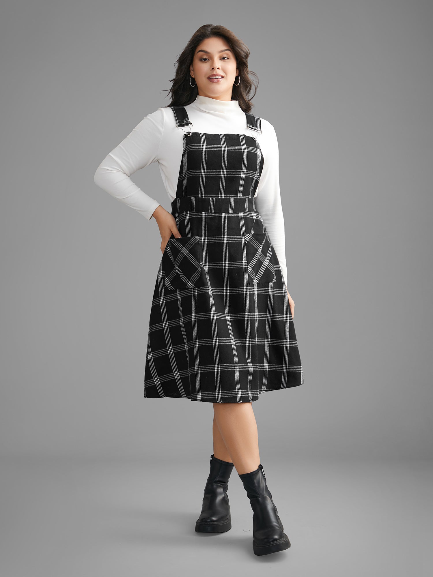 Plaid Square Neck Patched Pocket Dress