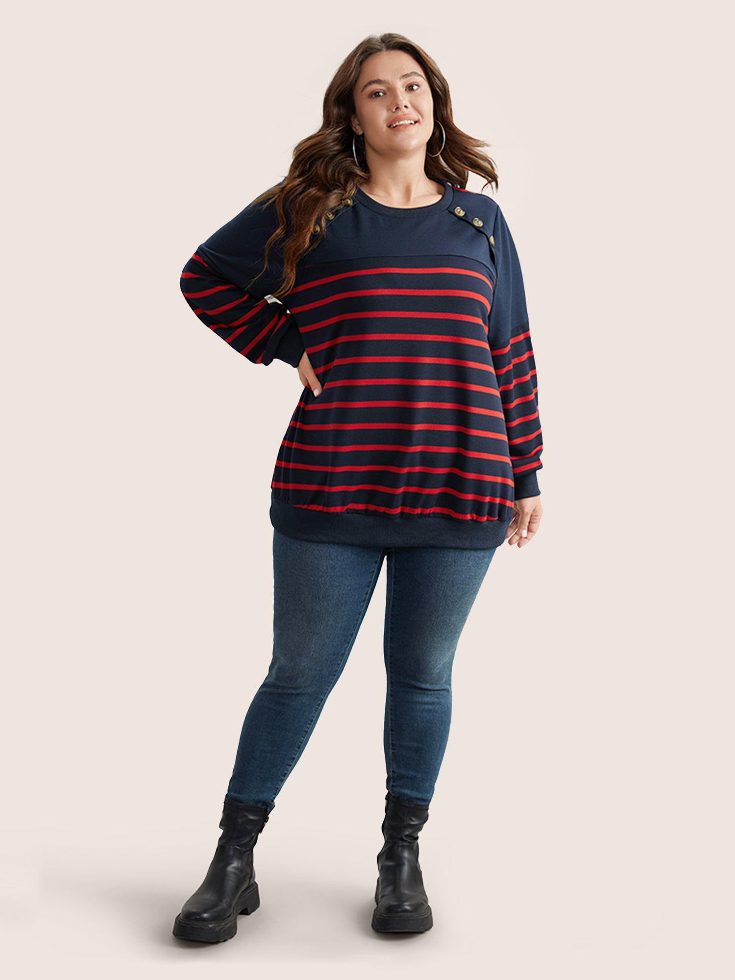 Striped Patchwork Button Detail Sweatshirt