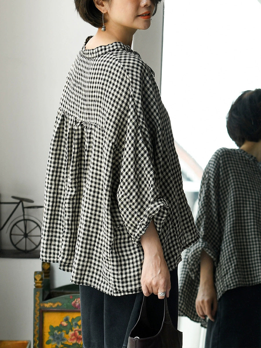 Women Summer Retro Plaid 100%Linen V-Neck Shirt