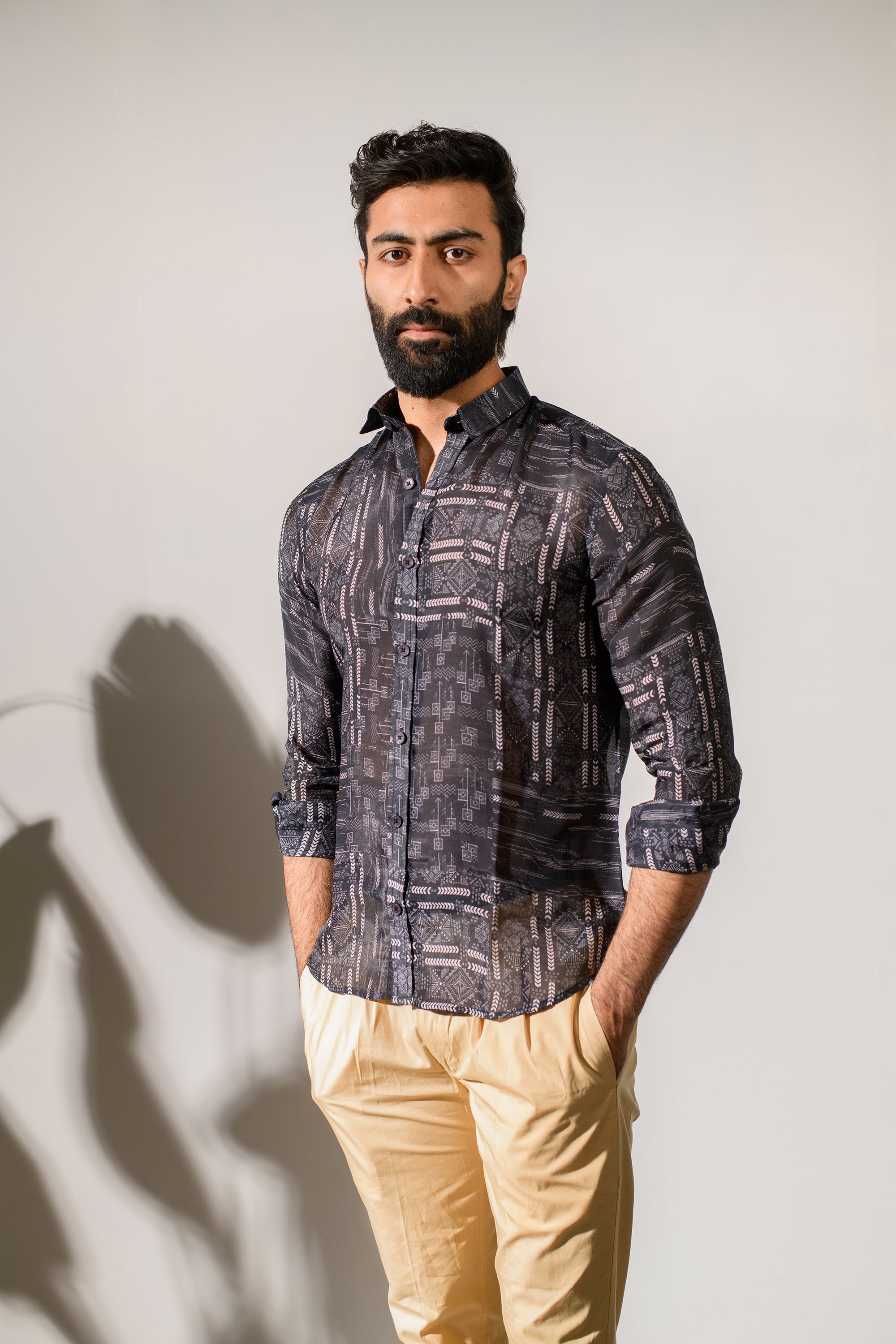 Rustic Boho Black Silk Oxford Collar Shirt For Men