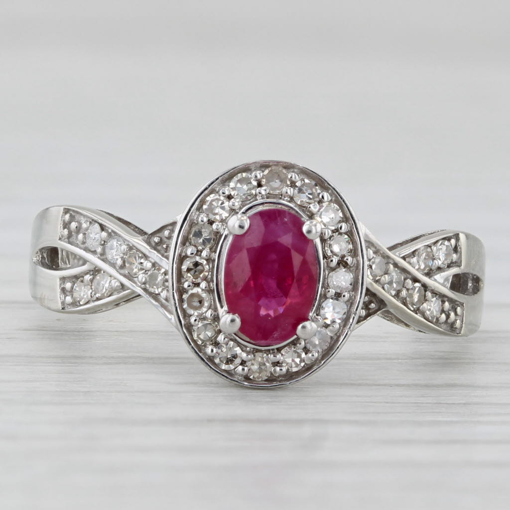 0.75ctw Oval Ruby Diamond Halo Ring 10k White Gold Size 7