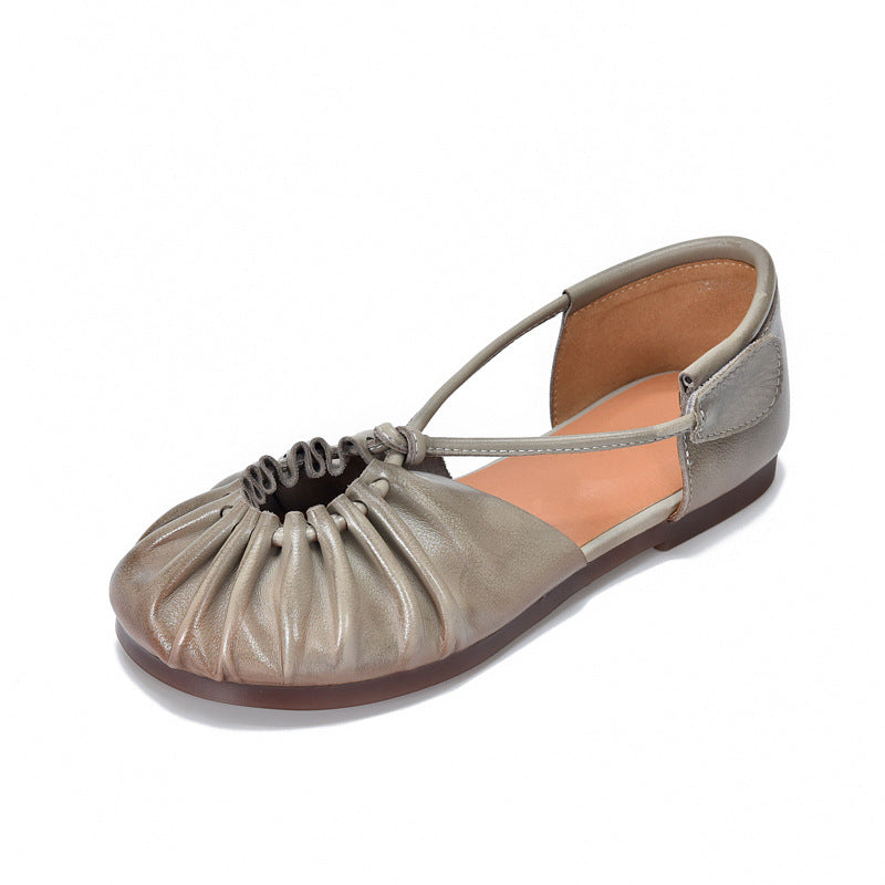 Soft Leather Flat Sandals Wrinkled Closed Toe X-Strap Casual Shoes with Velcro Design in Coffee1/Coffee2/Grey/Khaki