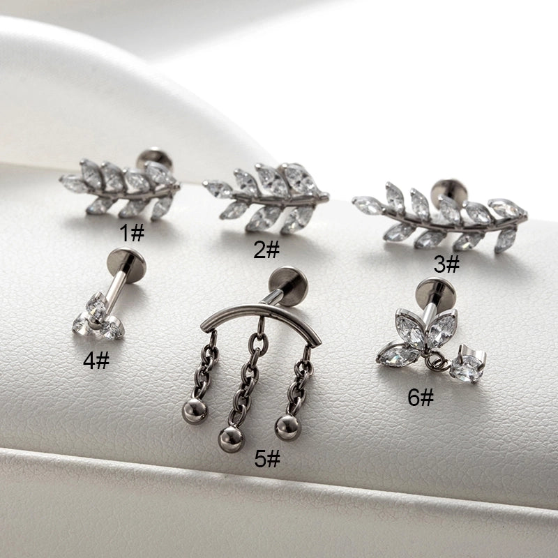 1 Piece Ear Cartilage Rings & Studs Minimalist Classic Style Leaves Chain Pure Titanium Inlay Zircon Ear Cartilage Rings & Studs