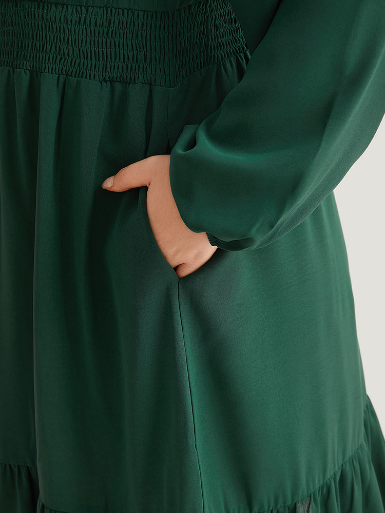 Solid Shirred Ruffle Trim Pleated Dress