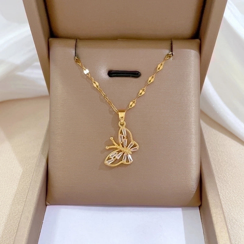 Minimalist Butterfly Titanium Steel Copper Plating Inlay Zircon Pendant Necklace