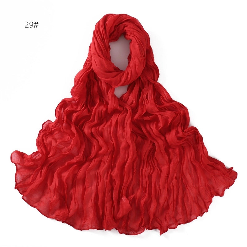 Spring And Autumn Pure Color Silk Yarn Twist Wrinkle Cotton And Linen Breathable Thin Scarf Female Cover Scarf In Stock
