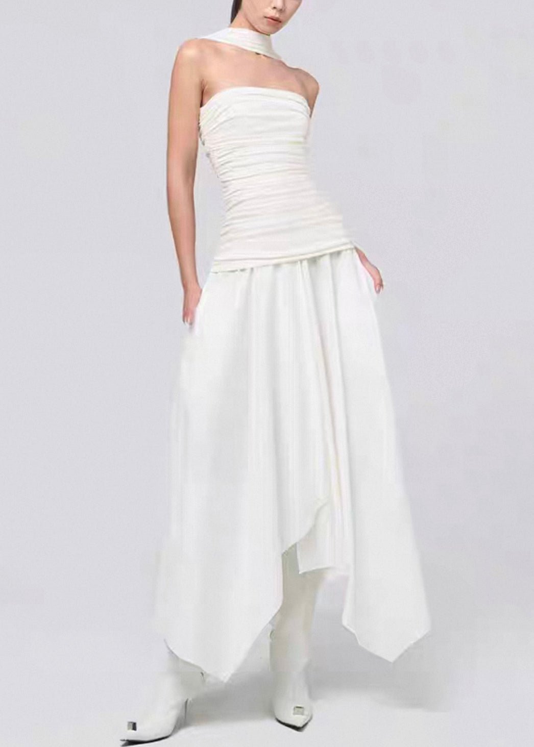 White Wrinkled Cotton Long Dresses Asymmetrical Summer