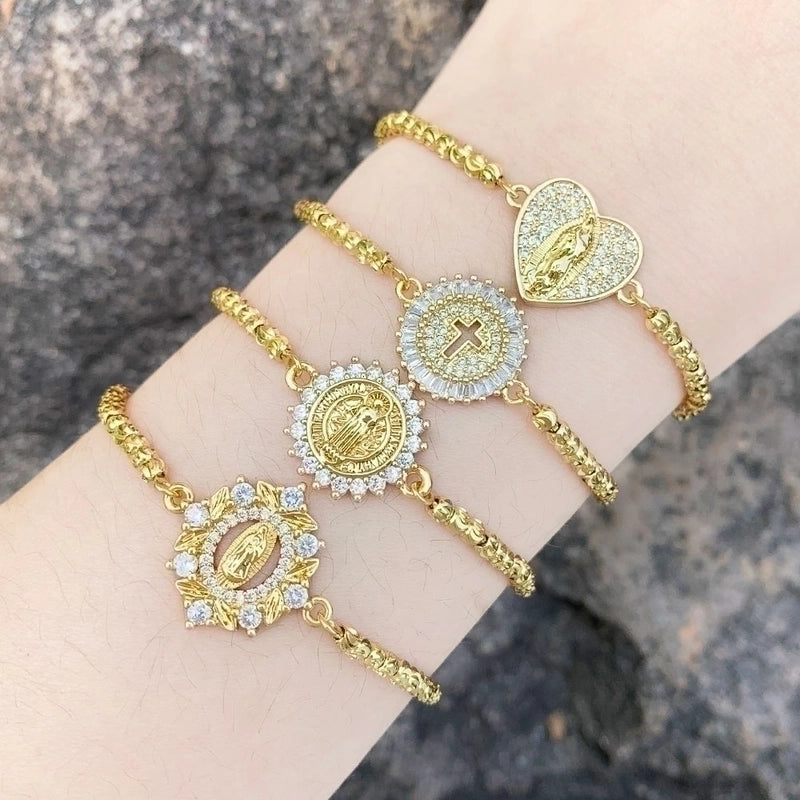Retro Minimalist Cross Virgin Mary Heart Shape Copper Plating Inlay Zircon 18k Gold Plated Bracelets