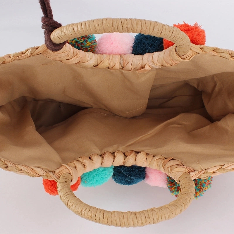 Women's Large CORN HUSK Solid Color Vacation Beach Weave Square String Straw Bag