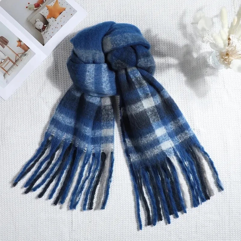 Autumn And Winter Thickened Scarf Women's  Rainbow Plaid Tassel Mohair Shawl Student Versatile Warm Scarf Fashion