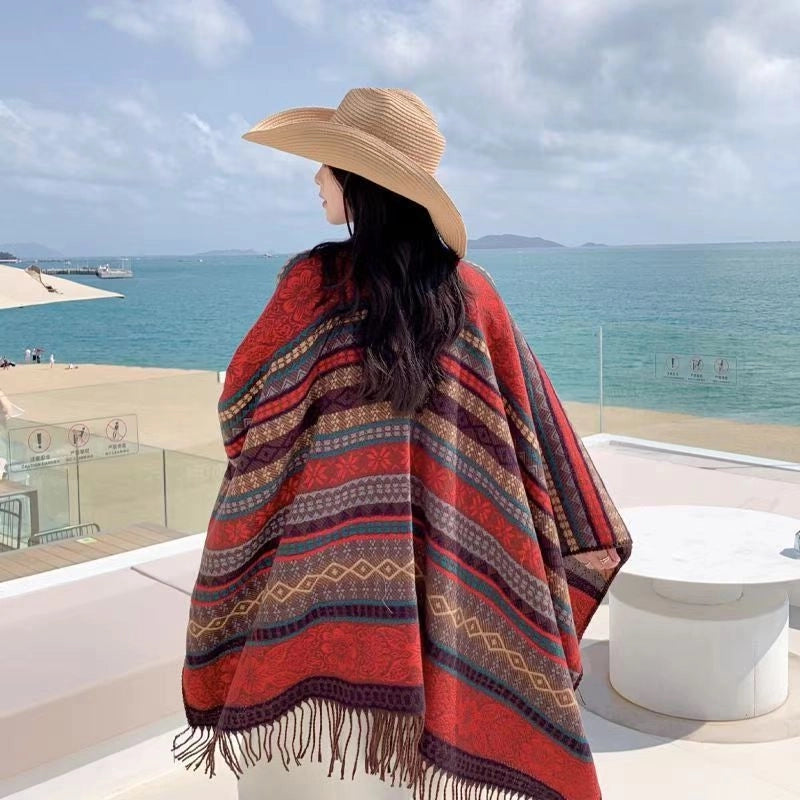Women's Minimalist Classic Style Color Block Imitation Cashmere Tassel Shawl
