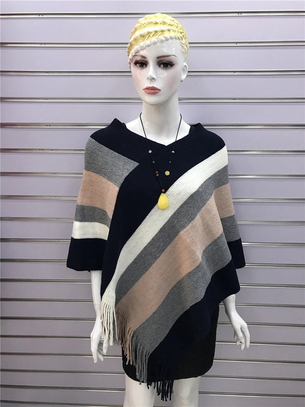 Women's Wear Tassel Pullover Midi Knitted Cloak Women's Winter Fashion Shawl Striped Sweater Coat