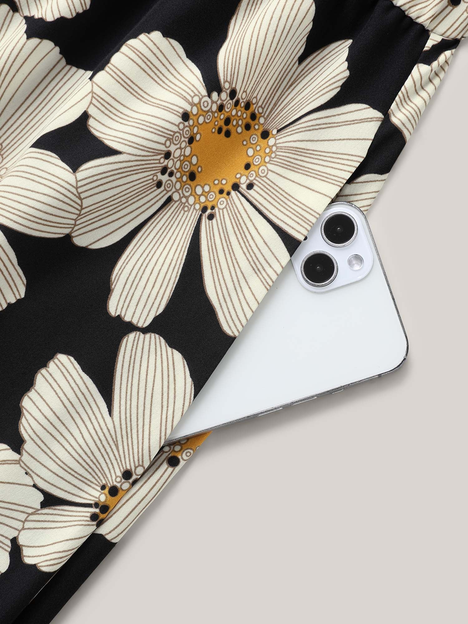 Large Floral Print Notched Collar Midi Dress
