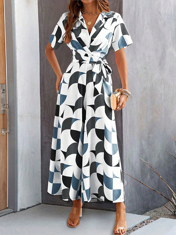 High Waisted Loose Buttoned Contrast Color Tied Waist V-Neck Jumpsuits