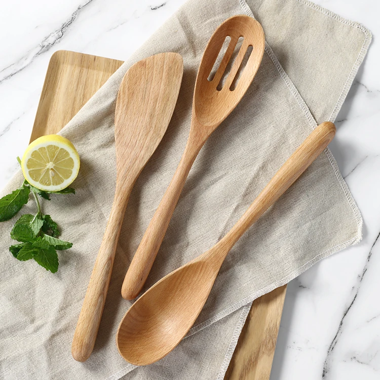 Eco Friendly   Kitchen Beech Wood Solid Spoon Slotted Spoon Spatula Utensil Set of 3