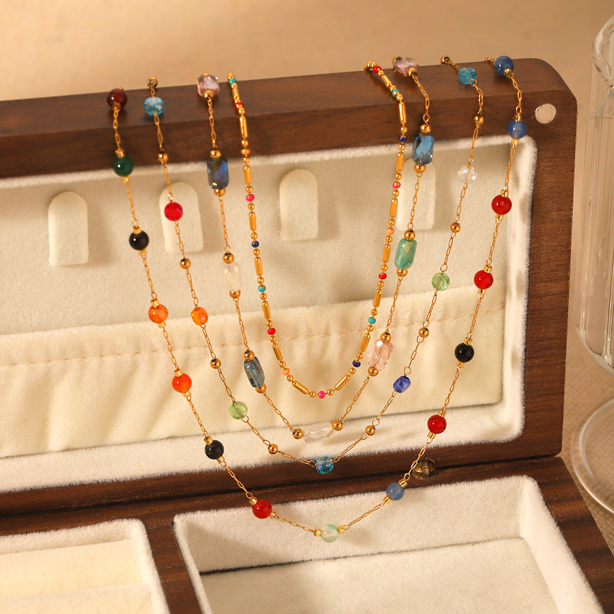 Dopamine Necklace Colorful Clip Bead Stainless Steel Necklace Design Natural Stone Round Bead Clavicle Necklace For Women