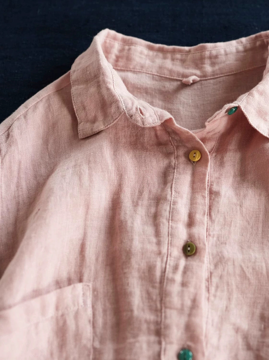 Women Summer Pure Color Turn-down Collar 100%Linen Shirt