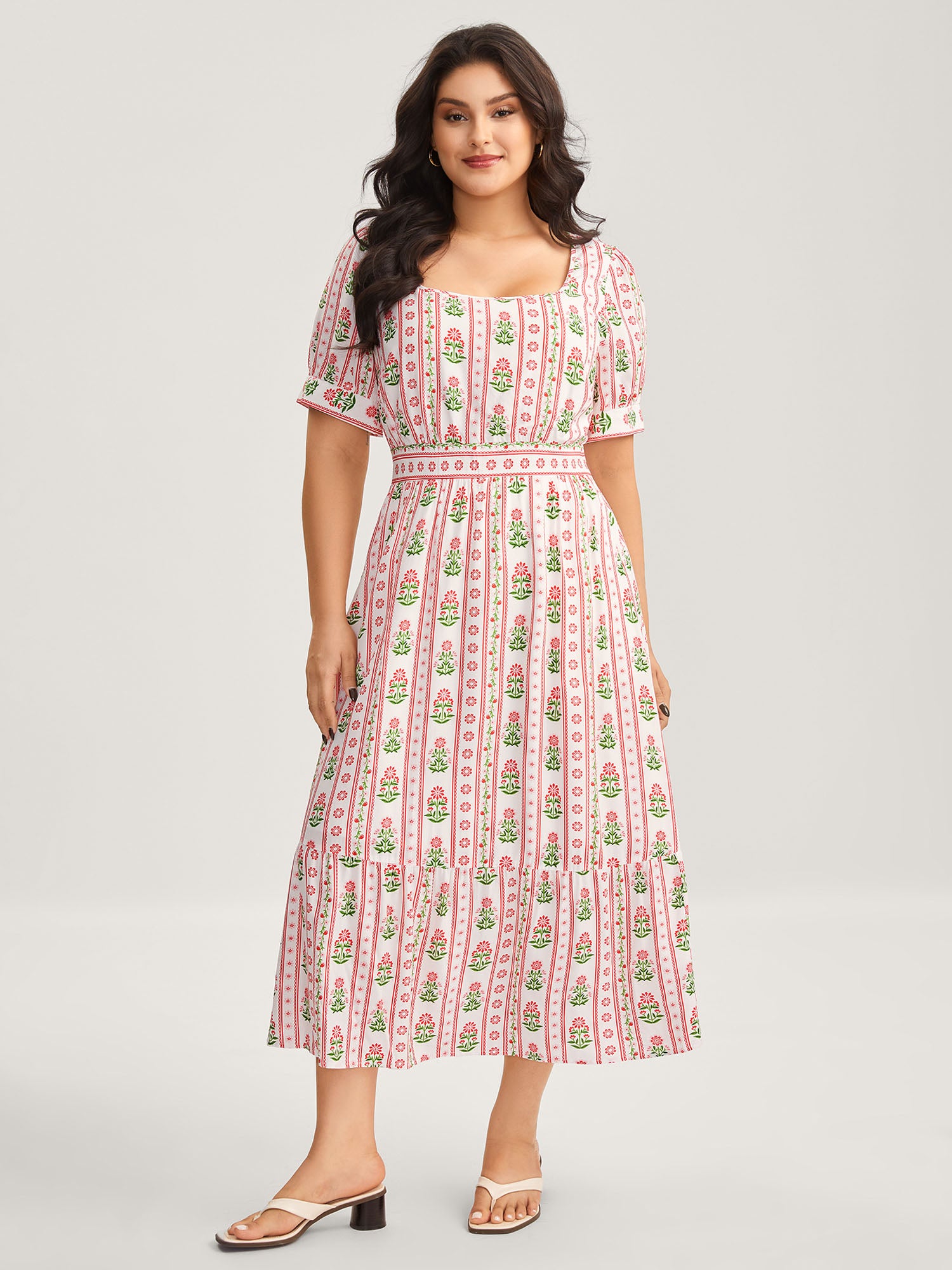 Floral Stripe Shirred Waist Midi Dress